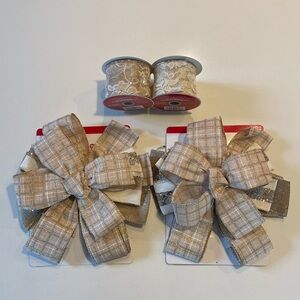 Tree Topper Bows and Matching Lace Ribbon Set, Gold, White & Beige